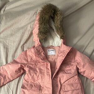Old Navy Light Pink Puffer Jacket with Faux Fur Hood